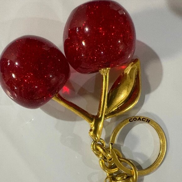 Valentines Day Coach Red Cherry Bag Charm Keychain Resin Metal Brass NWOT - Picture 4 of 6